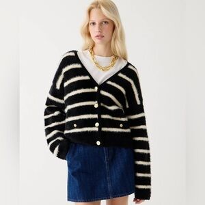 J.Crew Fuzzy Sweater Lady Jacket Size XL Striped Black and White Brushed Yarn